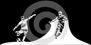 Two Football, soccer players kicking ball. Isolated vector silhouette. Football defender, striker or goalkeeper