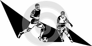 Two Football, soccer players kicking ball. Isolated vector silhouette. Football defender, striker or goalkeeper