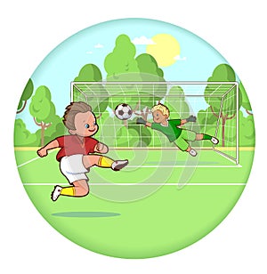 Two footballers play soccer on the field, scoring a goal. Greeting card with a pattern in a circle.Vector cartoon on a sports