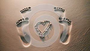 Two footprints side by side on a beach, a heart drawn in the sand. Generative AI