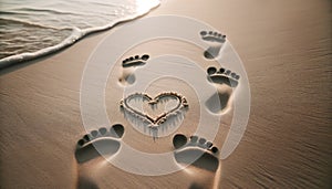 Two footprints side by side on a beach, a heart drawn in the sand. Generative AI