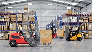 Two forklifts operating inside a large warehouse