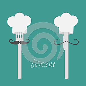 Two forks with big mustaches and chefs hats. Menu card. Flat design style.
