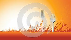 two forks and a knife on an orange background