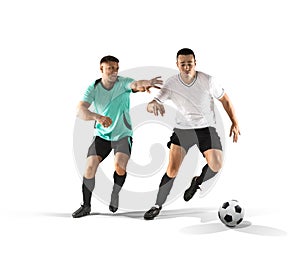Two fotball players struggling for the ball isolated on white photo