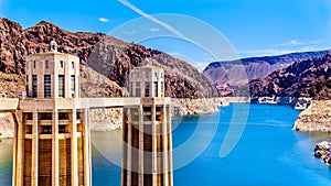 Two of the four Intake Towers that supply the water from Lake Mead to the Powerplant Turbines of the Hoover Dam