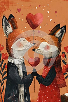 two foxes are kissing while holding hearts in their mouths