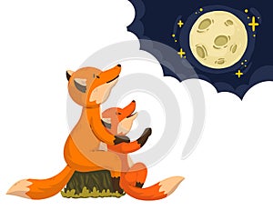 Two foxes are looking at the moon in the clouds. Cartoon forest animals parent with baby.