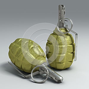 Two fragmentation hand grenades on light surface