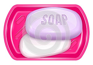 Two fragrant purple soap bar at plastic pink basin.