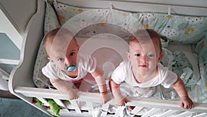 Two fraternal twins sisters having fun in crib.