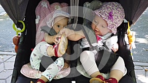 Two fraternal twins sisters having fun in stroller, baby carriage