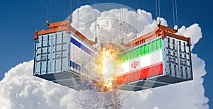 Two freight containers with Israel and Iran national flag crashing into eachother.