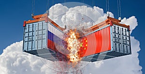 Two freight containers with Russia and China national flag crashing into eachother.