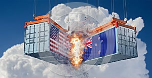 Two freight containers with USA and New Zealand national flag crashing into eachother.