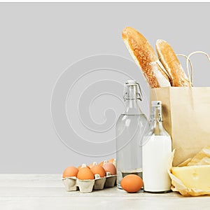 Two french baguette bread loafs in paper bag and dairy produce