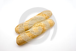 Two french baguettes on white background