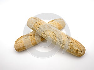 Two french baguettes on white background