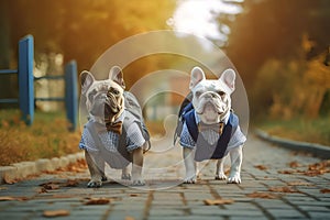 Two french bulldogs with backpacks run down the street to school. Generated AI