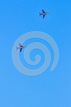 Two french training jet fighters, practicing attack formation