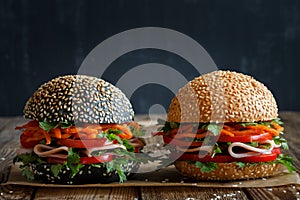 Two fresh appetizing hamburgers dark and light with sesame seeds, close-up, with fresh vegetables tomato, sweet pepper, Korean