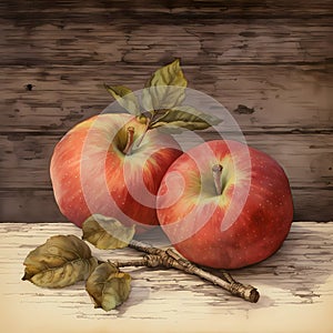 two fresh apples with leaves on an aged wooden backdrop, in a classic gel print style