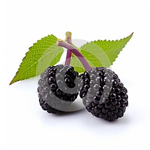 Two Fresh Blackberries With Green Leaves Isolated On White