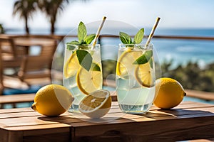 Two fresh and cool lemonades on a wooden table in a coastal hotel