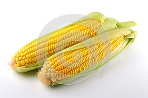 Two fresh corn on the cob on a white background, isolated. Thanksgiving food, harvest