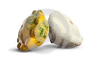 Two fresh different pattypan squashes on white background
