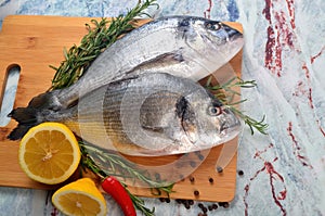 Two Fresh Dorado fish with lemon, onion and rosemary on white background