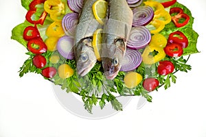 Two fresh fish in a glass dish on a vegetable base. Dicentrarchus labrax