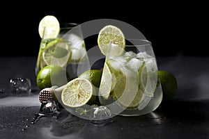 Two fresh glasses of non-alcoholic mojito, against a dark background, on a black table, summer cocktails with lime and mint