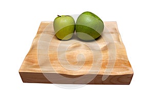 Two fresh green apples on a wooden stand for fruit and vegetables on a white background. A good diet food.