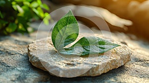 Two fresh green leaves on a natural stone platform photo