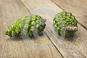 Two fresh green pine cones are lying on an table in garden