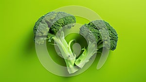 Two fresh heads of broccoli on a vibrant green background, AI-generated.