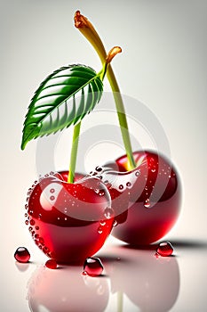 Two fresh juicy cherries with water drops isolated on white background. Generative AI
