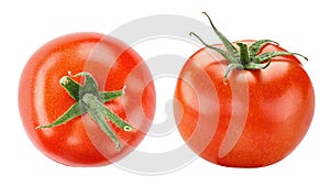 Two fresh juicy red tomato isolated on white background. Fresh vegetable. File contains clipping path