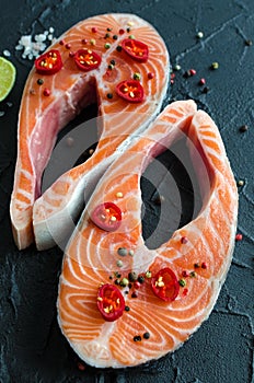 Two fresh raw salmon steaks