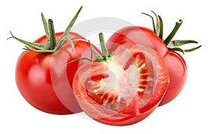 Two fresh red tomato and one cut in half with green leaves