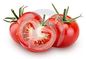 Two fresh red tomato and one cut in half with green leaves