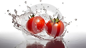 Two fresh red tomato about to fall into the water and some water splash white background