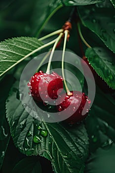 two fresh ripe cherries with water droplets resting above vibrant green leaves background