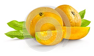Two Fresh ripe yellow grafted mango with slices and leaves on white background