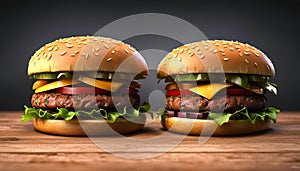 Two fresh tasty burgers with cheese and tomatoes on a grey background. Generative AI