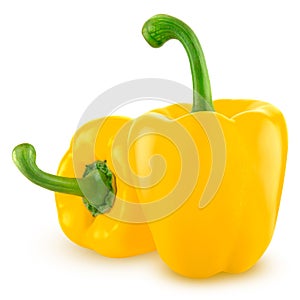 Two fresh yellow bell peppers on a white background