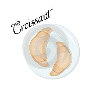 Two freshly baked croissants on a plate. Delicious baked goods for your breakfast