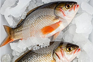 Two freshly caught common Rudd fish lie on crushed ice