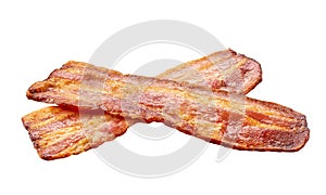 two fried bacon strips isolated on white background. bacon isolated on white background. Crispy fried bacon pieces close up